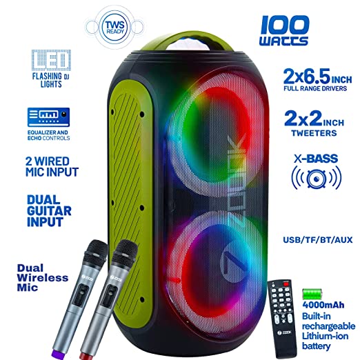 Zoook Rocker Show Stopper Duet 100 watts Karaoke Bluetooth Party Speaker with Dual Wireless Mic,Guitar Input,One Click Recording/Dual Big Drivers/Amazing LED Light Show/TWS/Echo control/4000 MAH