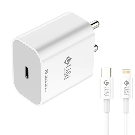 U&i 3 A Multiport Mobile Thunder Series 20W PD Mobile Charger, Type-C port with Type-C to Lightning Cable Charger with Detachable Cable (White)