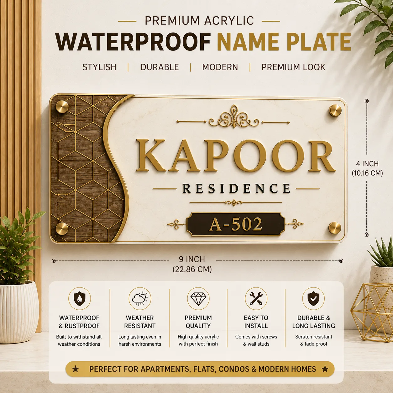 Custom House Name Plate 9x4 Inch Design 11 - 3D Gold Raised Letters
