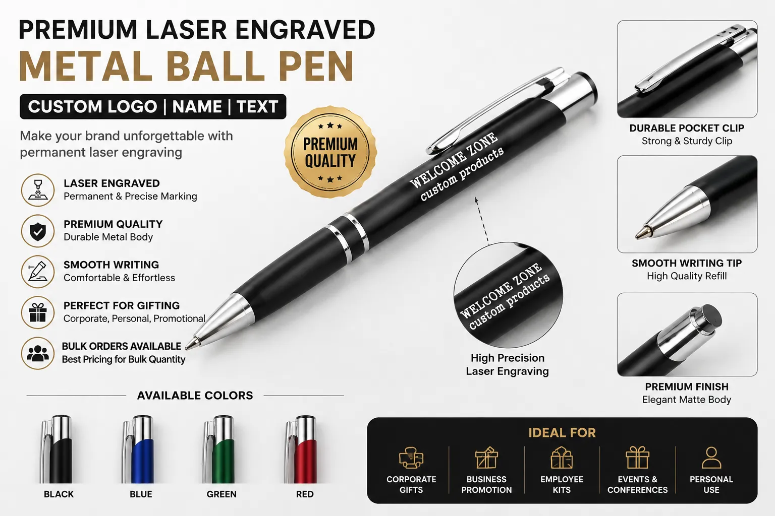 Custom Laser Engraved Metal Ball Pen Colors