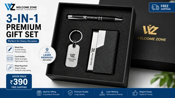 Premium 3-in-1 Corporate Gift Set | Metal Pen, Card Holder & Metal Keychain | Laser Engraving Included