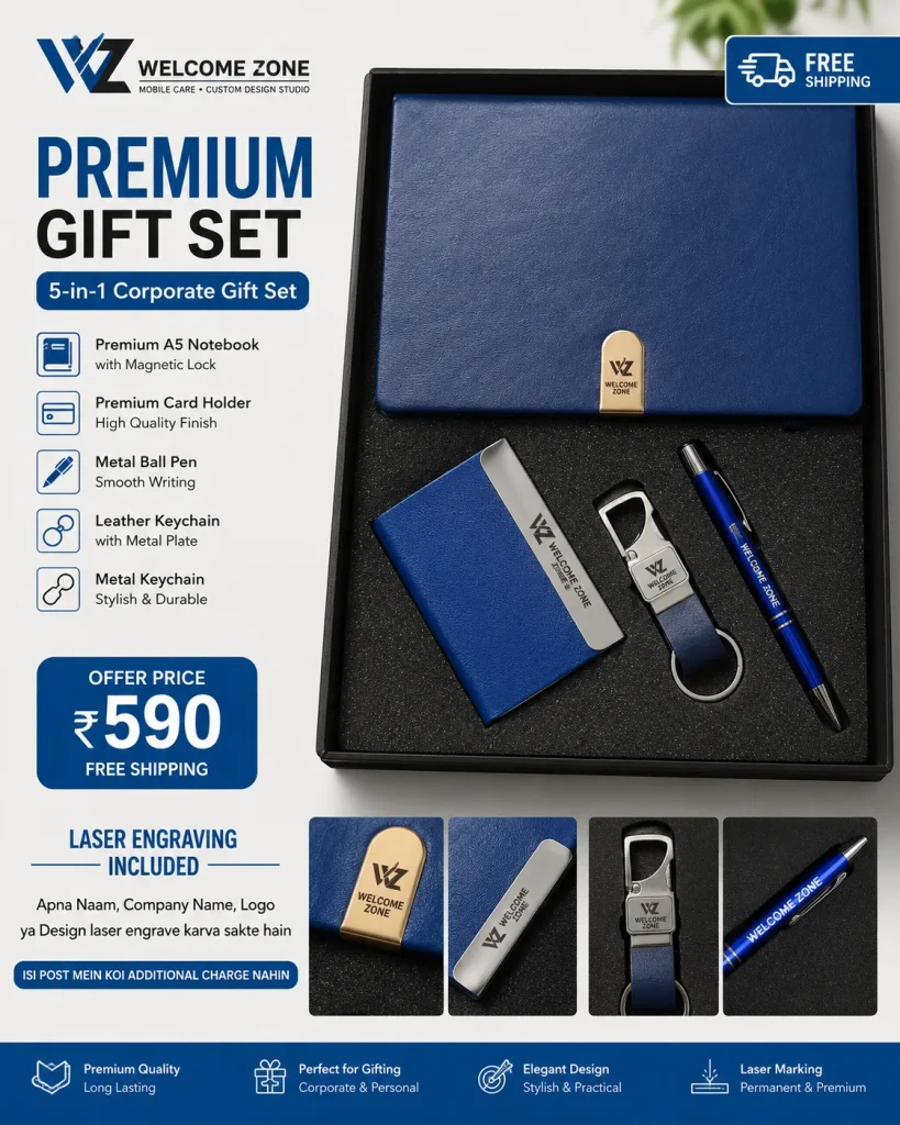 5-in-1 Corporate Gift Set with Notebook, Metal Pen, Card Holder & Leather Keychain