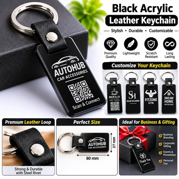 Black Acrylic Leather Keychain – Custom Laser Engraved & QR Code