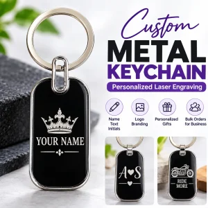 Custom black metal keychain with silver border and personalized laser engraving